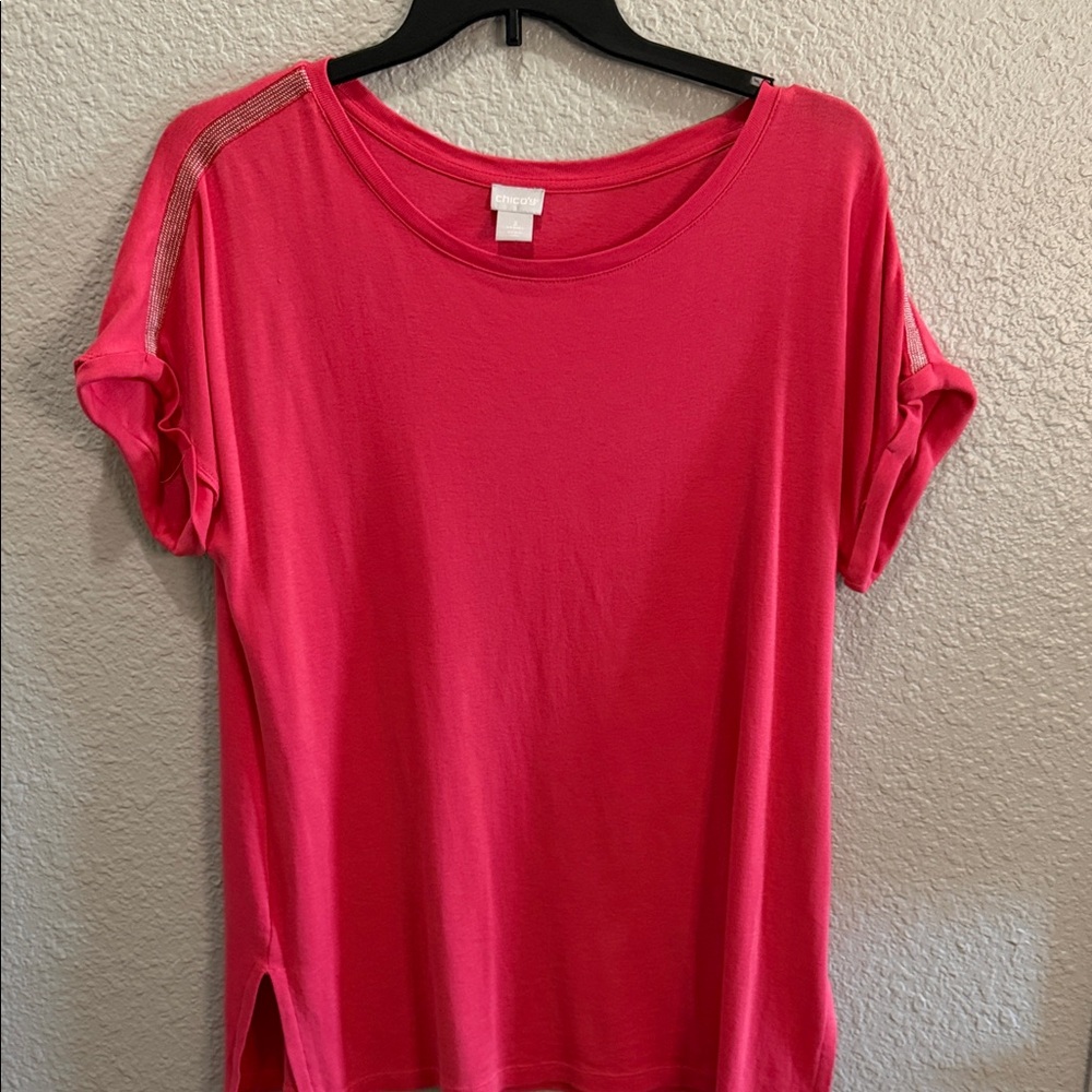 Chico’s size 2 Coral Women's Short Sleeve Top with Metallic Shoulder Trim